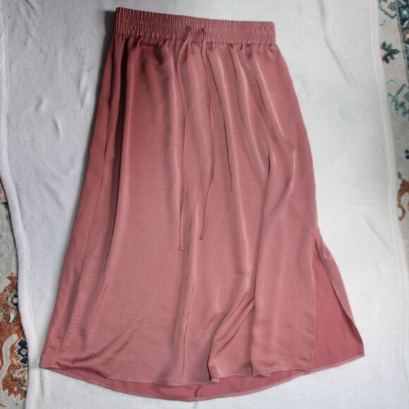a new day Dresses & Skirts - A New Day Pink Silk Midi Mid-length Skirt with Slit and High-waist Draw-string